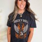 Black Guitar Wings Slogan Print Crew Neck T Shirt