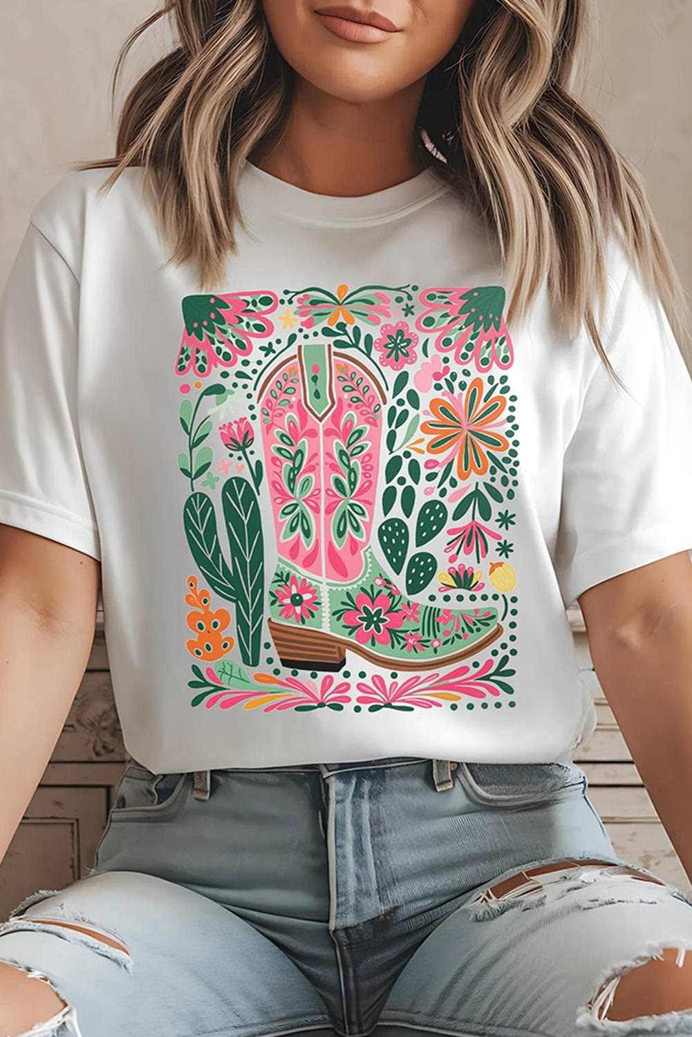 White Western Boot Flower Print Crew Neck Loose Tee