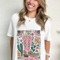White Western Boot Flower Print Crew Neck Loose Tee