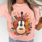 Pink Guitar Flower Print Crew Neck Loose T Shirt