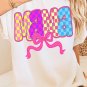 White MAMA Checkered Bow Knot Print Crewneck T Shirt