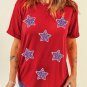 Red July 4th Fashion Sequin Star Graphic T Shirt