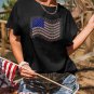 Black Rhinestone American Flag Casual Round Neck Tee