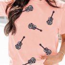 Pink Leopard Guitar Sequin Patch Crew Neck Tee