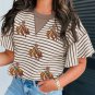 Parchment Sequin Rodeo Patch Pattern Striped Ruffled Sleeve Summer Top