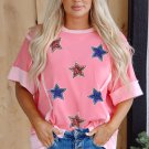 Peach Blossom Independence Day Sequin Star Graphic Contrast Patchwork Tee