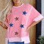 Peach Blossom Independence Day Sequin Star Graphic Contrast Patchwork Tee
