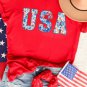 Red Floral USA Graphic Cuffed Sleeve Crew Neck Tee