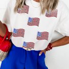 White Sequin American Flag Patched Casual T Shirt