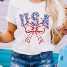 White USA Bow Letter Graphic Short Sleeve Top