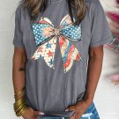 Gray US Flag Bow Print Round Neck Loose T Shirt