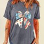 Gray US Flag Bow Print Round Neck Loose T Shirt