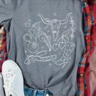Gray Cowgirl Boots OX Head Western Fashion Print Crewneck Tee