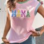 Pink Sequined MAMA Graphic Corded Rib Knit Colorblock T Shirt
