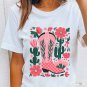 White Western Boots Flower Print Round Neck T Shirt