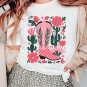 White Western Boots Flower Print Round Neck T Shirt