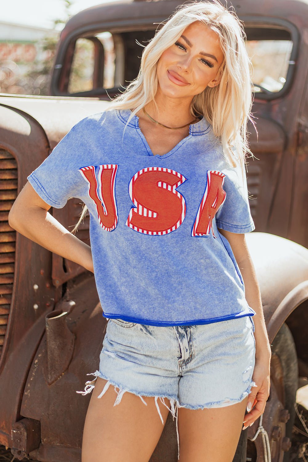 Sky Blue USA Patch Mineral Wash Notch V Neck Vintage Graphic T Shirt