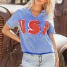 Sky Blue USA Patch Mineral Wash Notch V Neck Vintage Graphic T Shirt