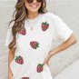 White Sequin Strawberry Patched Crew Neck T Shirt