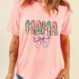 Pink Floral MAMA Bowknot Print Crewneck T Shirt