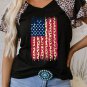 Black Leopard Patchwork Frayed USA Flag Print Ruffle Short Sleeve V Neck Tee