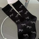 Black Bow Knot Print Ribbed Crew Socks