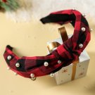 Red Dahlia Pearl Decor Christmas Plaid Knotted Headband