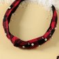 Red Dahlia Pearl Decor Christmas Plaid Knotted Headband
