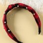 Red Dahlia Pearl Decor Christmas Plaid Knotted Headband