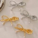 Gold Bow Knot Pearl Decor Plated Alloy Hair Clip
