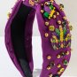 Tillandsia Purple Mardi Gras Rhinestone Beaded Knotted Wide Headband