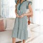 Green Stripe Double Ruffled Short Sleeve Contrast Trim V Neck Midi Dress
