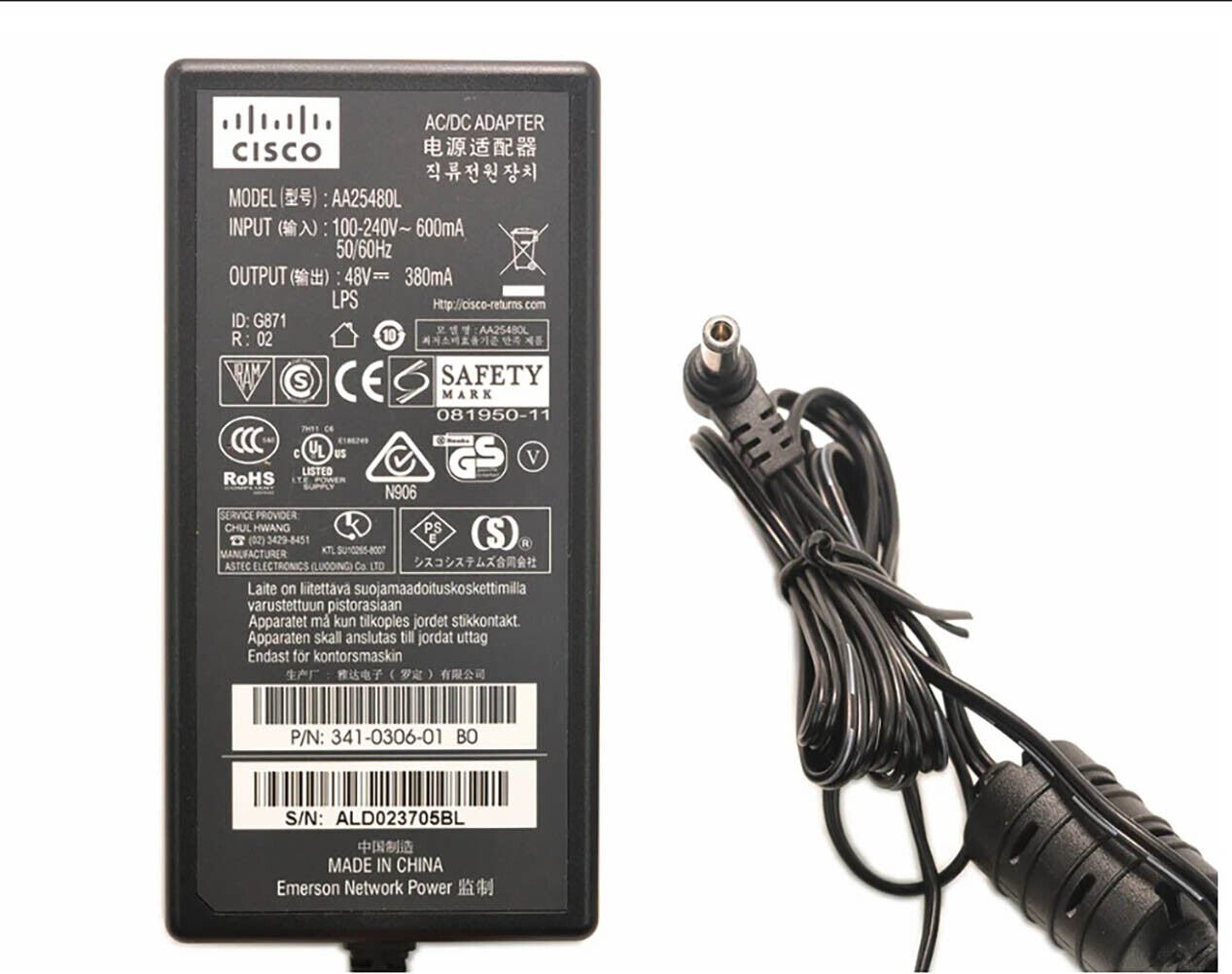 Cisco AA25480L Power Adapter 48V 380mA 0.38A  for VoIP POE 341-0306-01 1140 1240