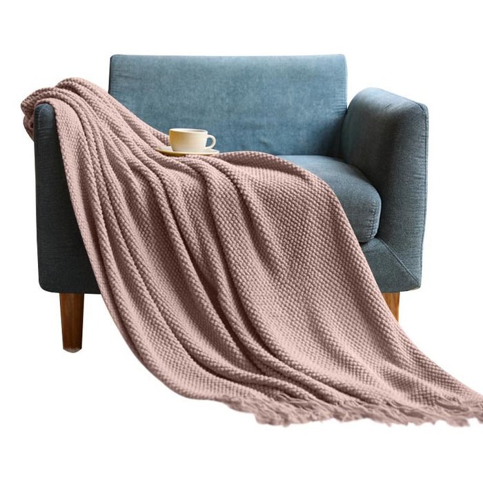 Anycozy Pink Knitted Waffle Throw Blanket Tassel 130x230cm