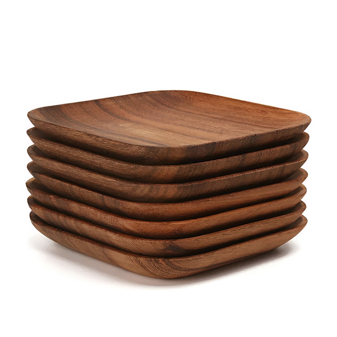 Anygleam Brown 2pcs Square Wooden Plate Serving Tray Food Kitchen Tableware
