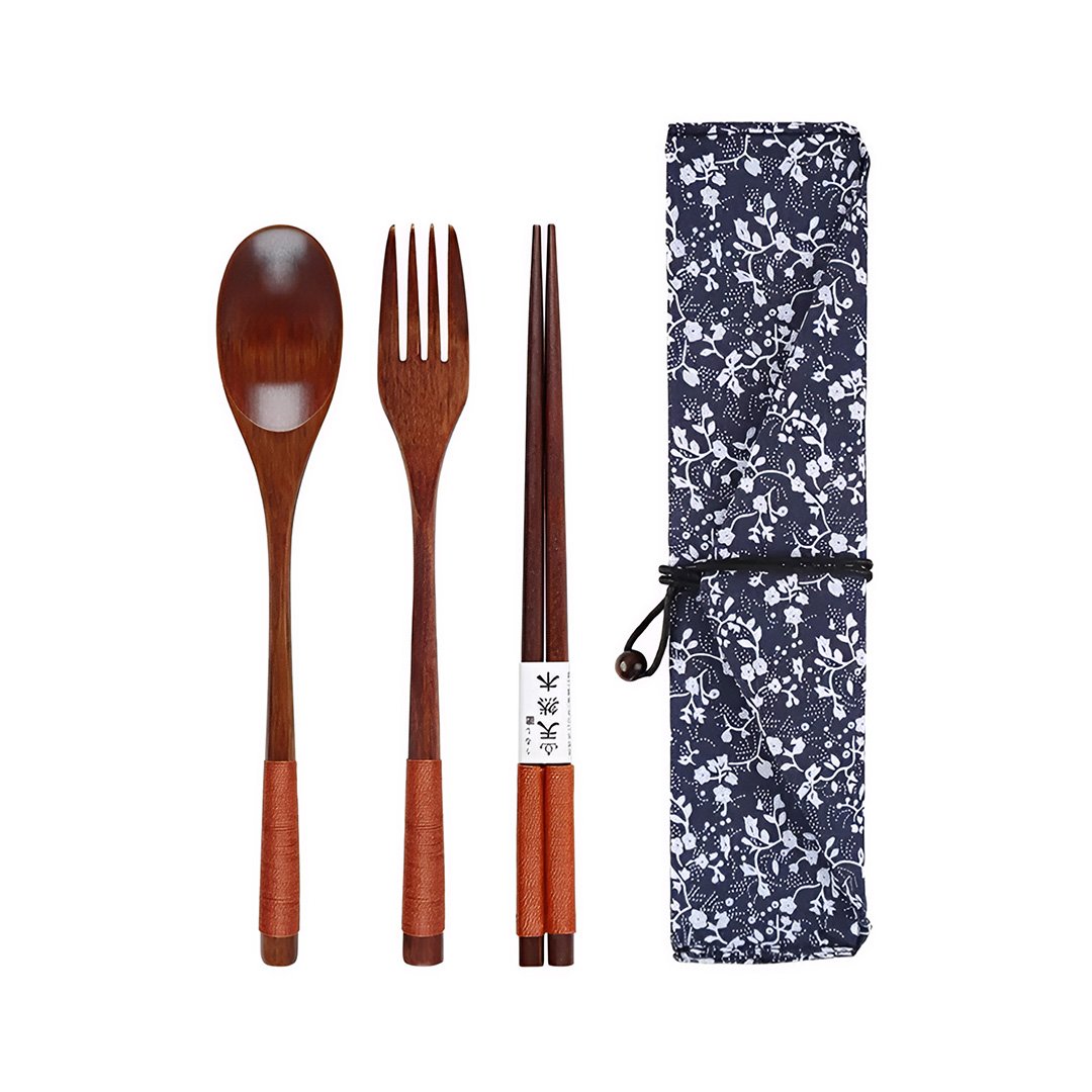 Anygleam 3pcs Orange Blue Pouch Set &acirc;�� Wooden Spoon Fork Chopsticks