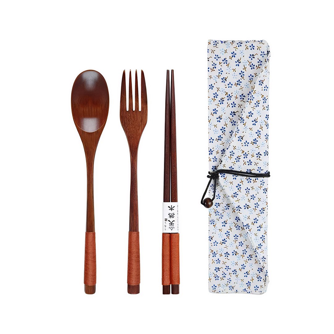 Anygleam 3pcs Orange White Pouch Set &acirc;�� Wooden Cutlery Travel Kit