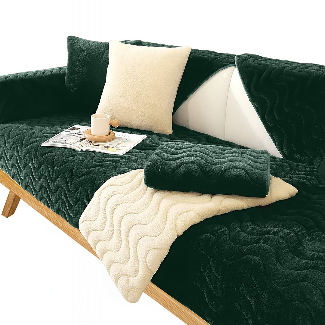 Anyseat Dark Green Rabbit Plush Quilted Sofa Cover, Super Soft Anti-Slip L-Shaped
