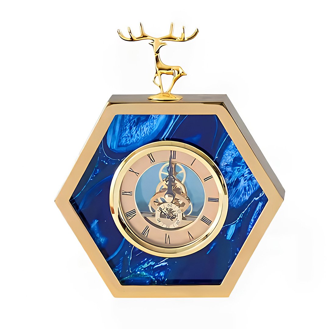 ANYHOUZ 23cm Hexagon Gold Desk Clock with Deer Head, Modern Tabletop Home Decor