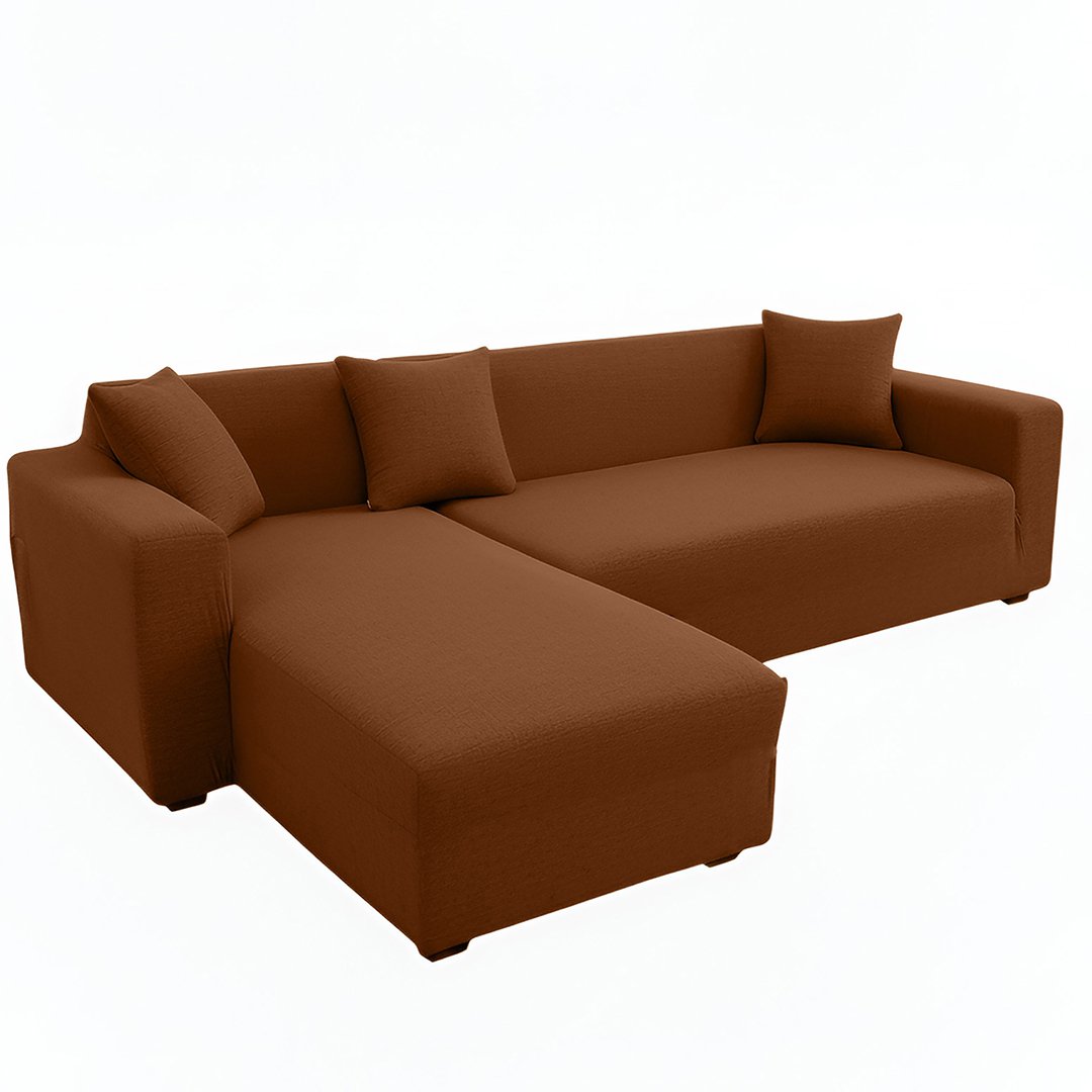 Anyhouz 4-Seater Sofa Cover, Plain Light Coffee, Elastic Stretch, Slipcover