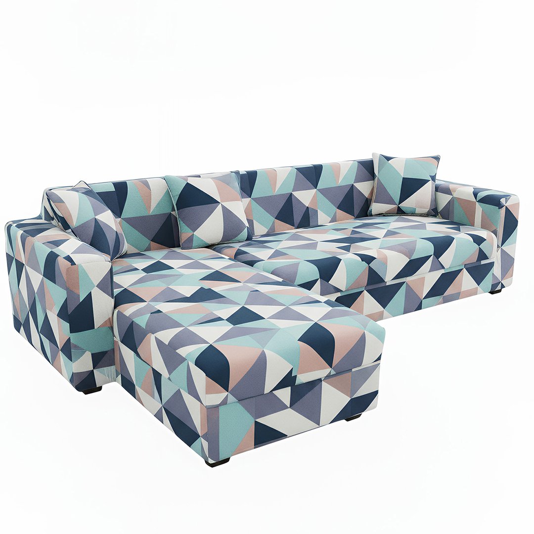 Anyseat 4-Seater Sofa Cover, Blue White Geometric, Elastic Stretch, Slipcover