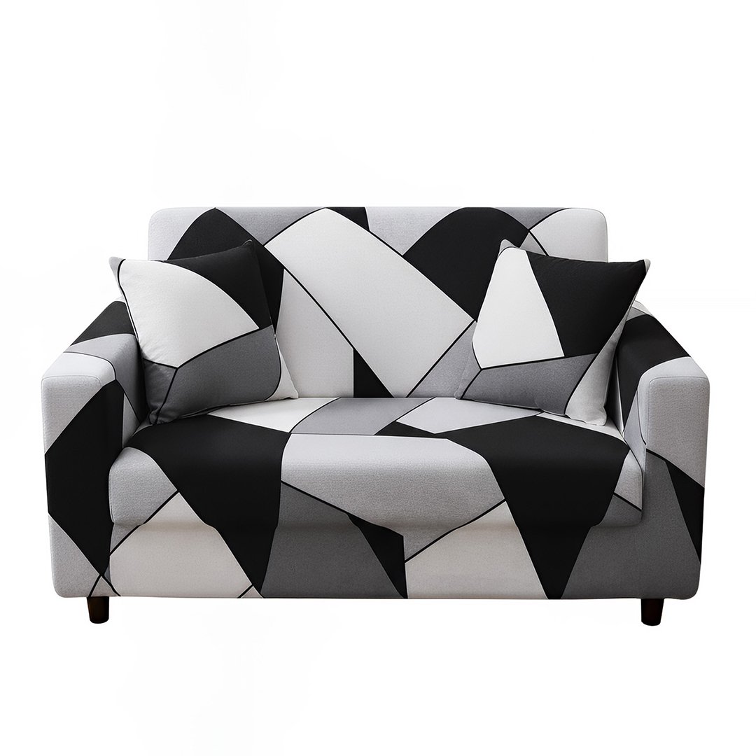 Anyseat 2-Seater Sofa Cover, Black White Geometric, Elastic Stretch, Slipcover