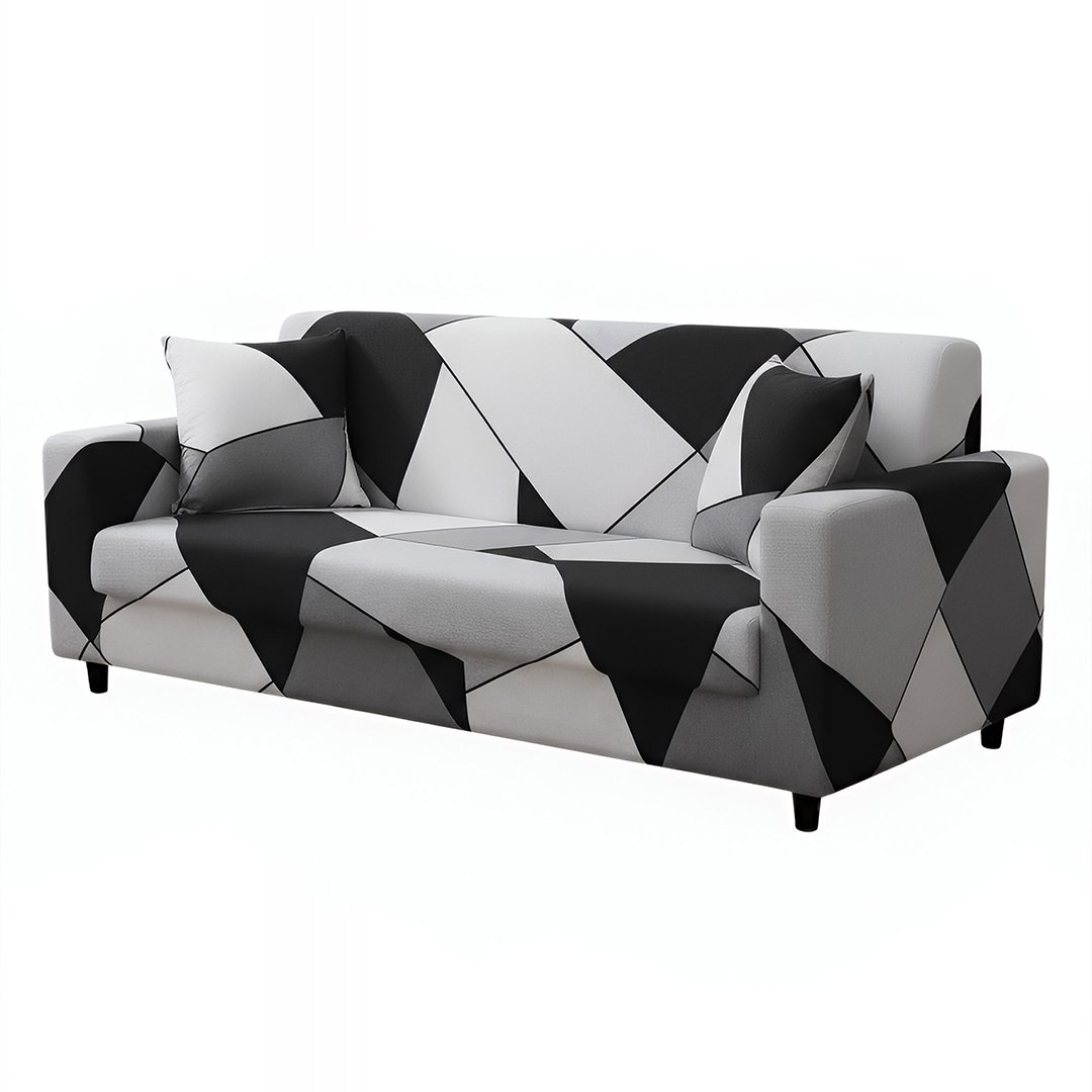 Anyseat 3-Seater Sofa Cover, Black White Geometric, Elastic Stretch, Slipcover