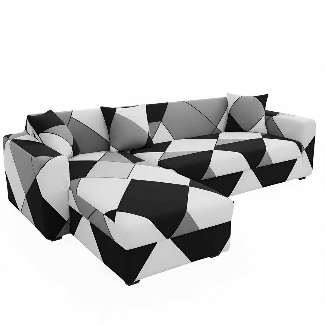 Anyseat 4-Seater Sofa Cover, Black White Geometric, Elastic Stretch, Slipcover