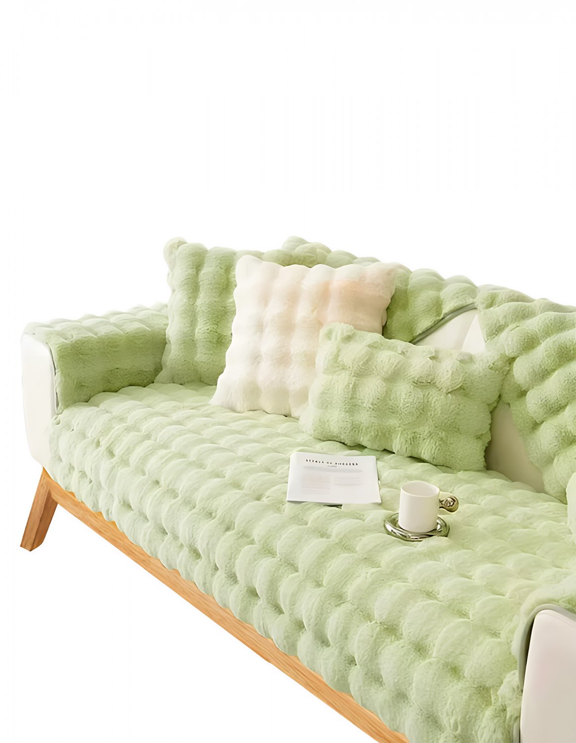 Anyseat Sofa Cover, Light Green, Rabbit Plush Bubble Velvet, Non-Slip L-Shape