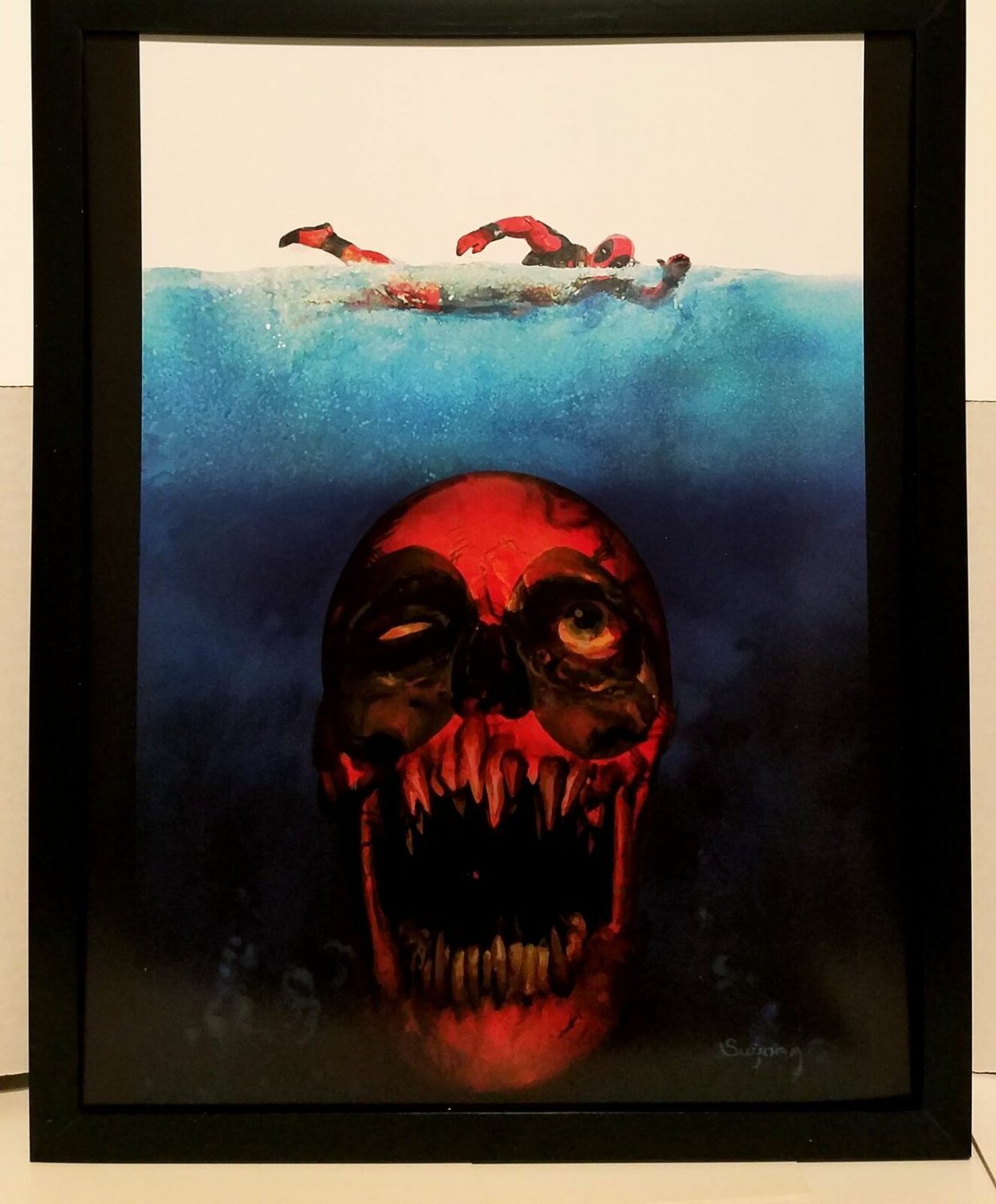 Deadpool Jaws homage by Arthur Suydam 11x14 FRAMED Marvel Comics Art Print Poste