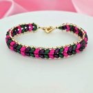 Multi-Color Blue, Green & Pink Herringbone Bracelet Trimmed with Gold Beads