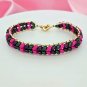 Multi-Color Blue, Green & Pink Herringbone Bracelet Trimmed with Gold Beads