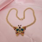 Elegant Multicolor Butterfly and Crystal Necklace with Gold Bead Chain