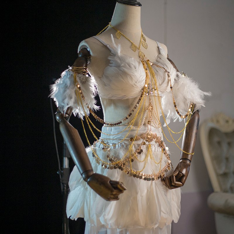 White angel feather suit short skirt performance costume photography costume